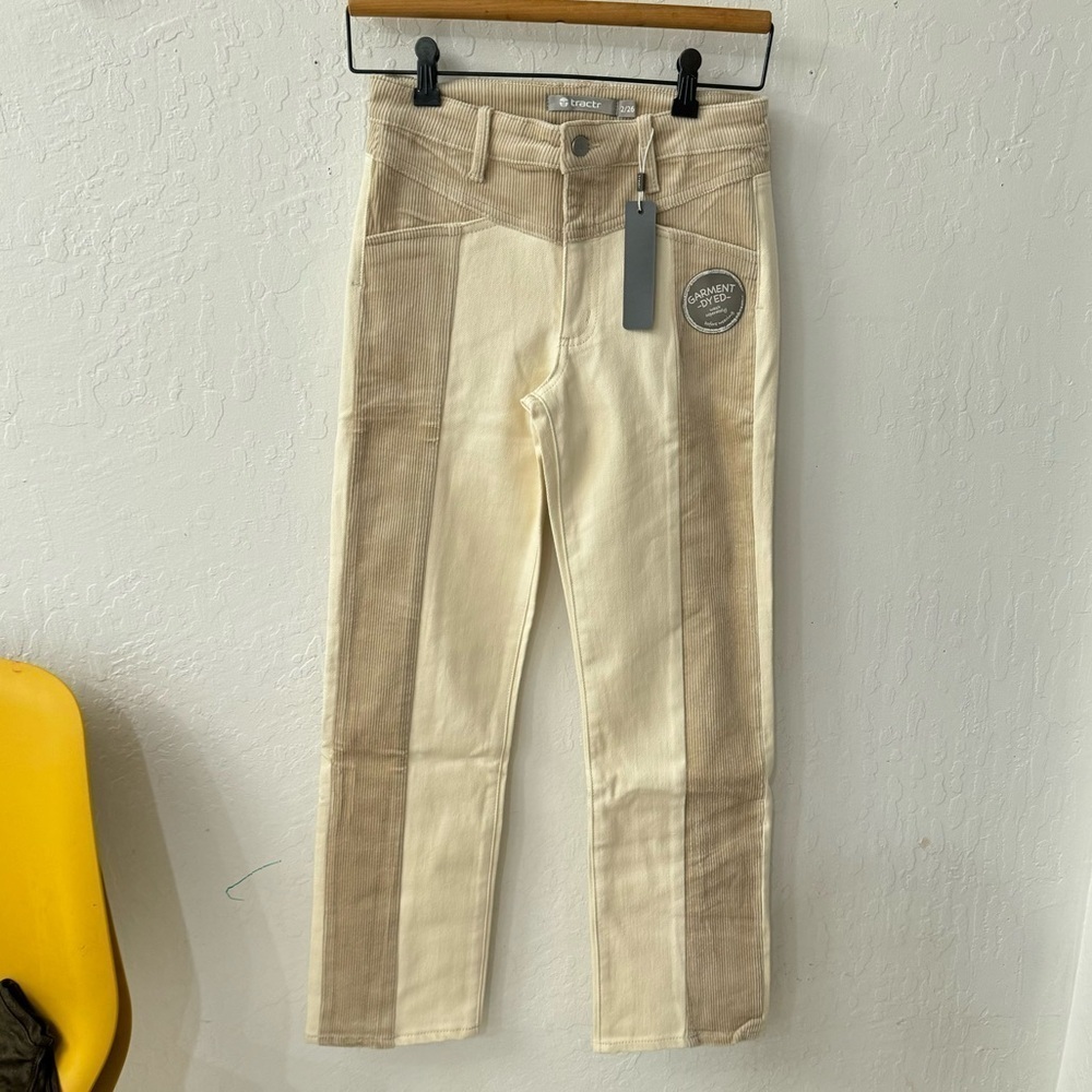 Tractr Two Tone Texture Tan Cream Corduroy Denim Straight Leg Jeans Size 2